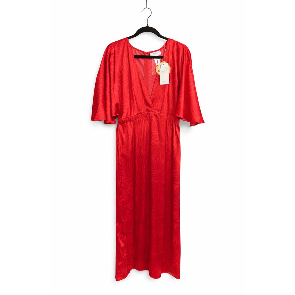 Red Satin Midi Dress Flutter Sleeves V-Neck Romantic Evening